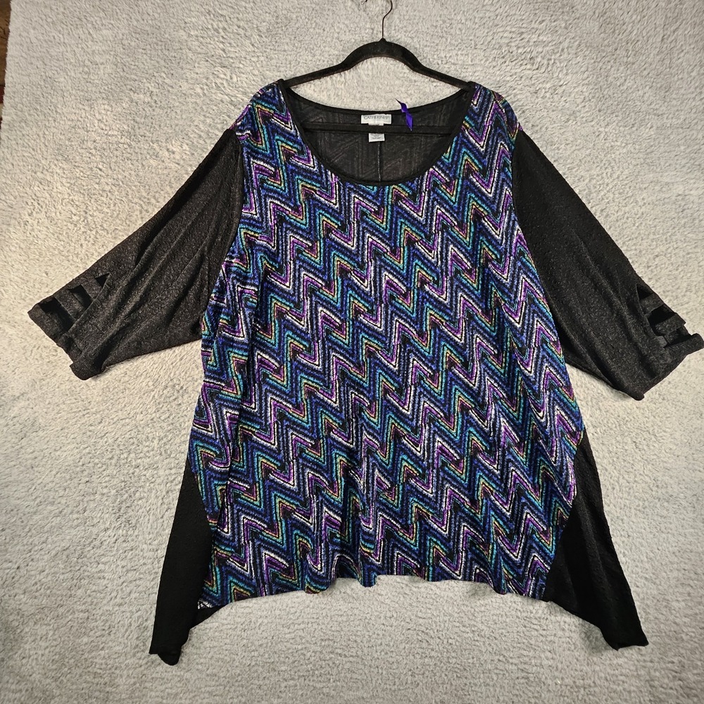 Catherines Top Womens 3X Petite Striped Geometic‎ Stretch Asymmetrical Hem Boho